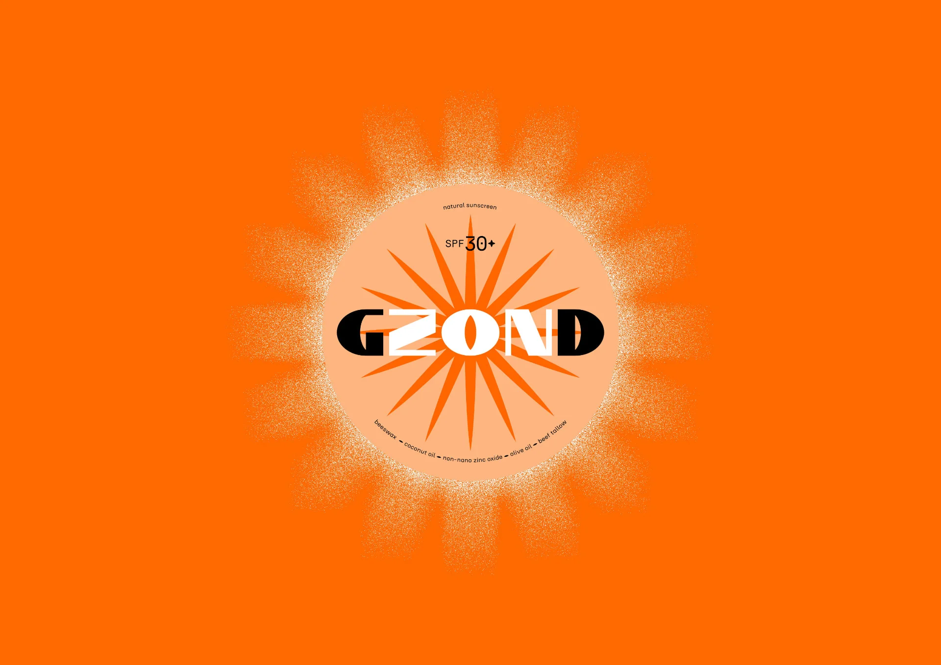 The GZOND lid, the sun burst behind the wordmark with SPF 30+ and the five ingredients set around the circle