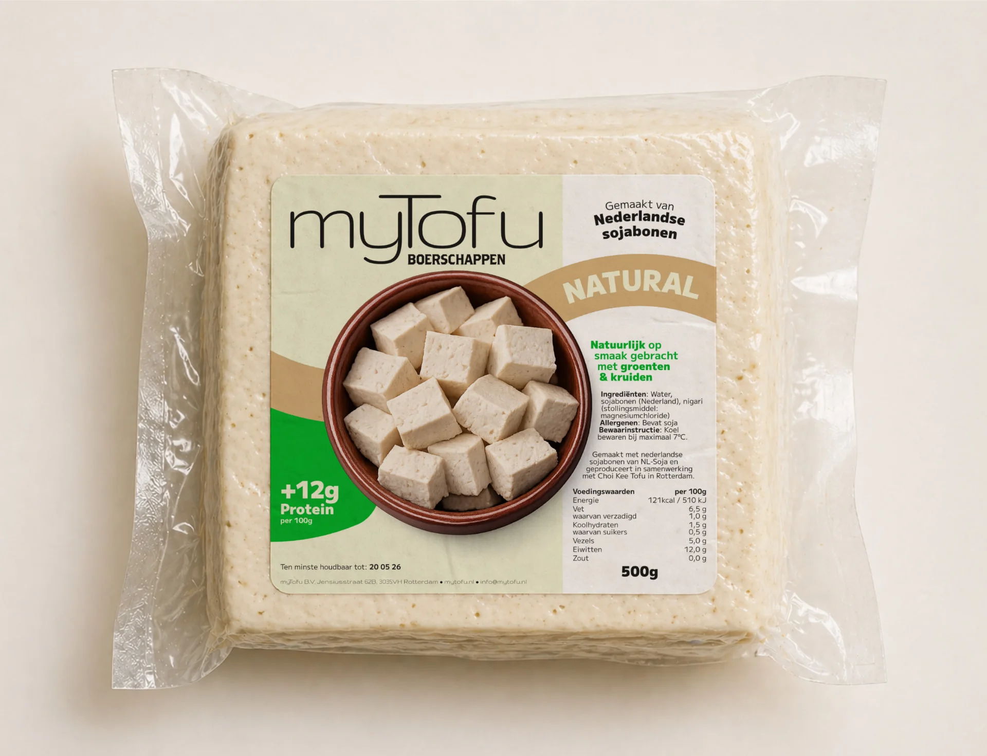 The myTofu Natural 500g pack, label on a vacuum sealed block of tofu