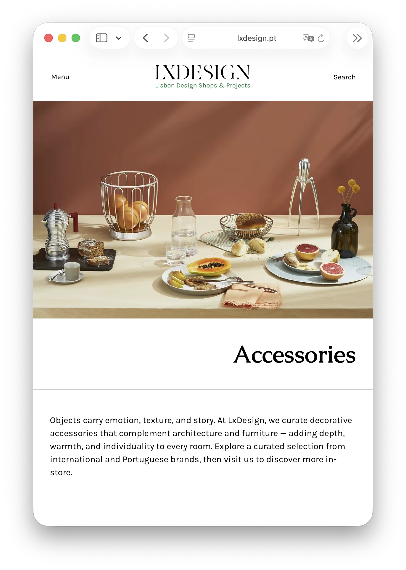 Accessories category page on lxdesign.pt, full bleed still life above the heading