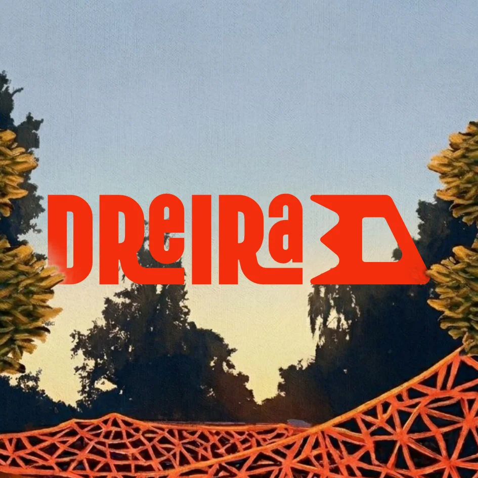 The Vienna tile, the wordmark red over the Donauinsel at dusk