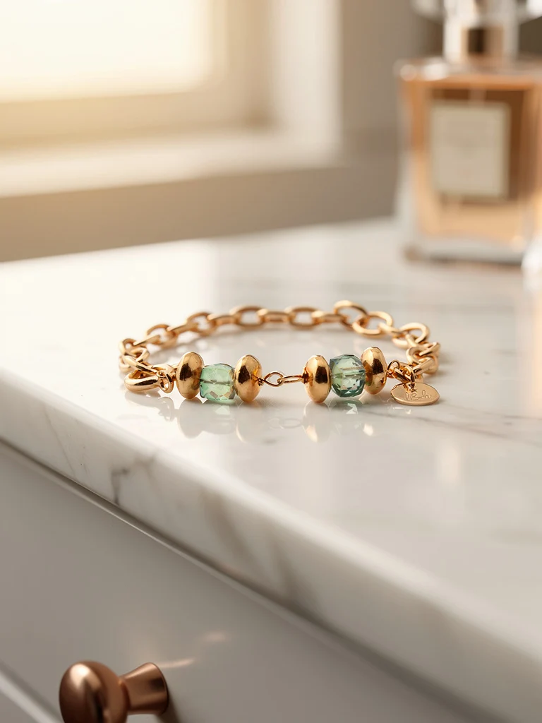 A gold lovely&hooked bracelet with sea glass beads on a marble top
