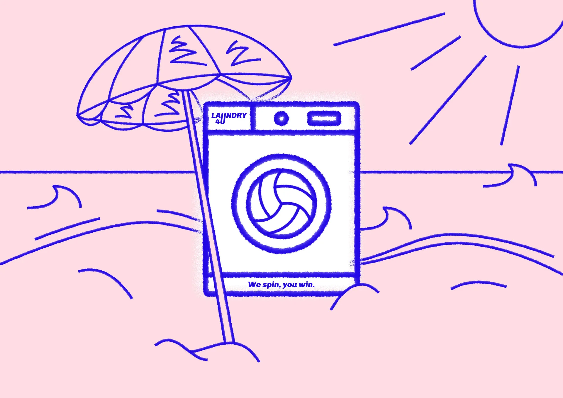 We spin, you win, a volleyball in the drum on the beach