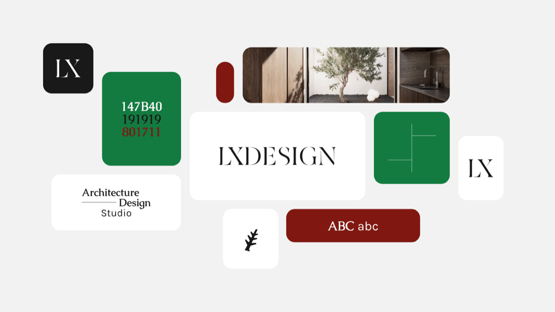 LxDesign design system: wordmark, LX monogram, green 147B40, ink 191919, red 801711, and the typeface