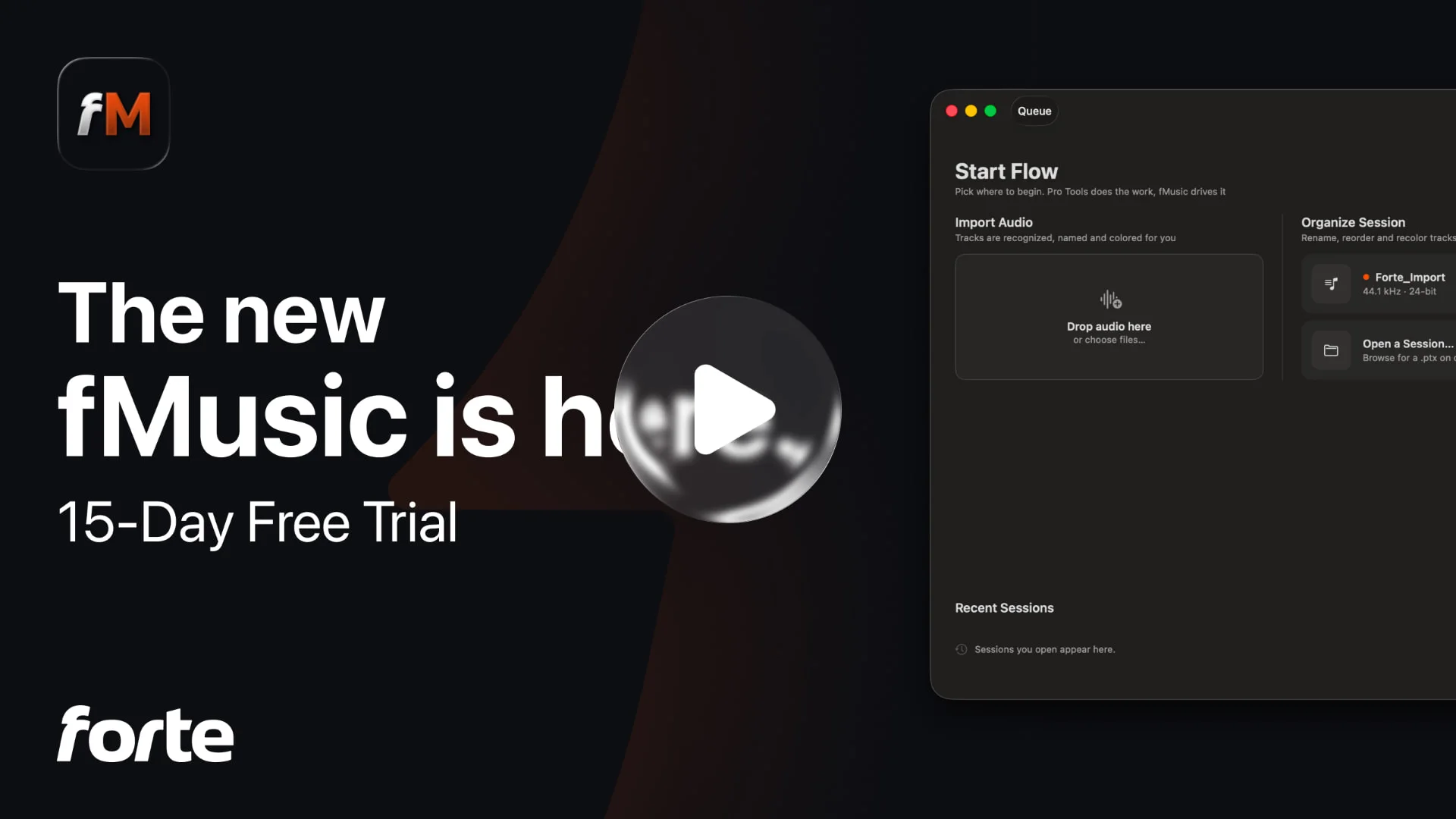 fMusic launch key visual with the app window and the forte wordmark