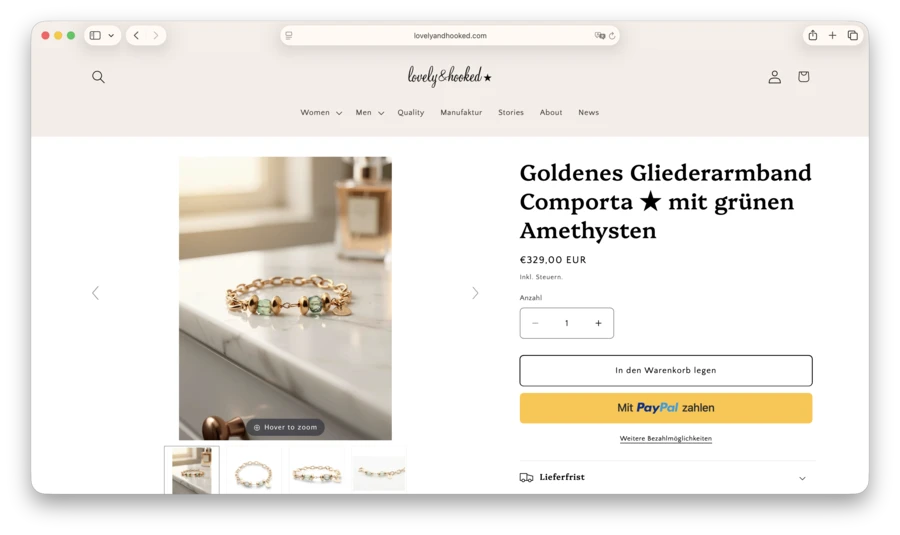 A lovely&hooked bracelet product page with price and cart