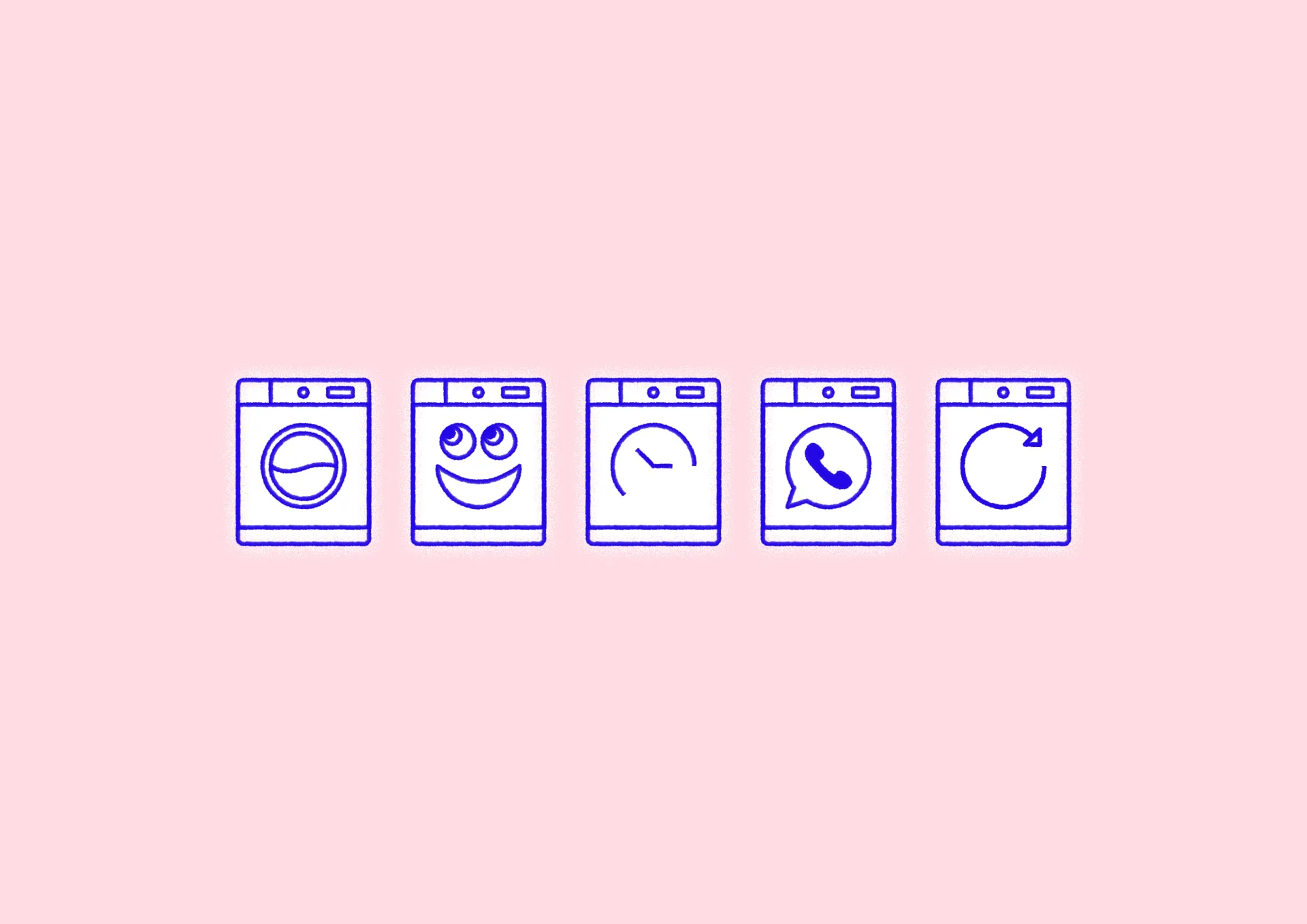 Five drums, the icon set: wash, smile, turnaround, chat, repeat