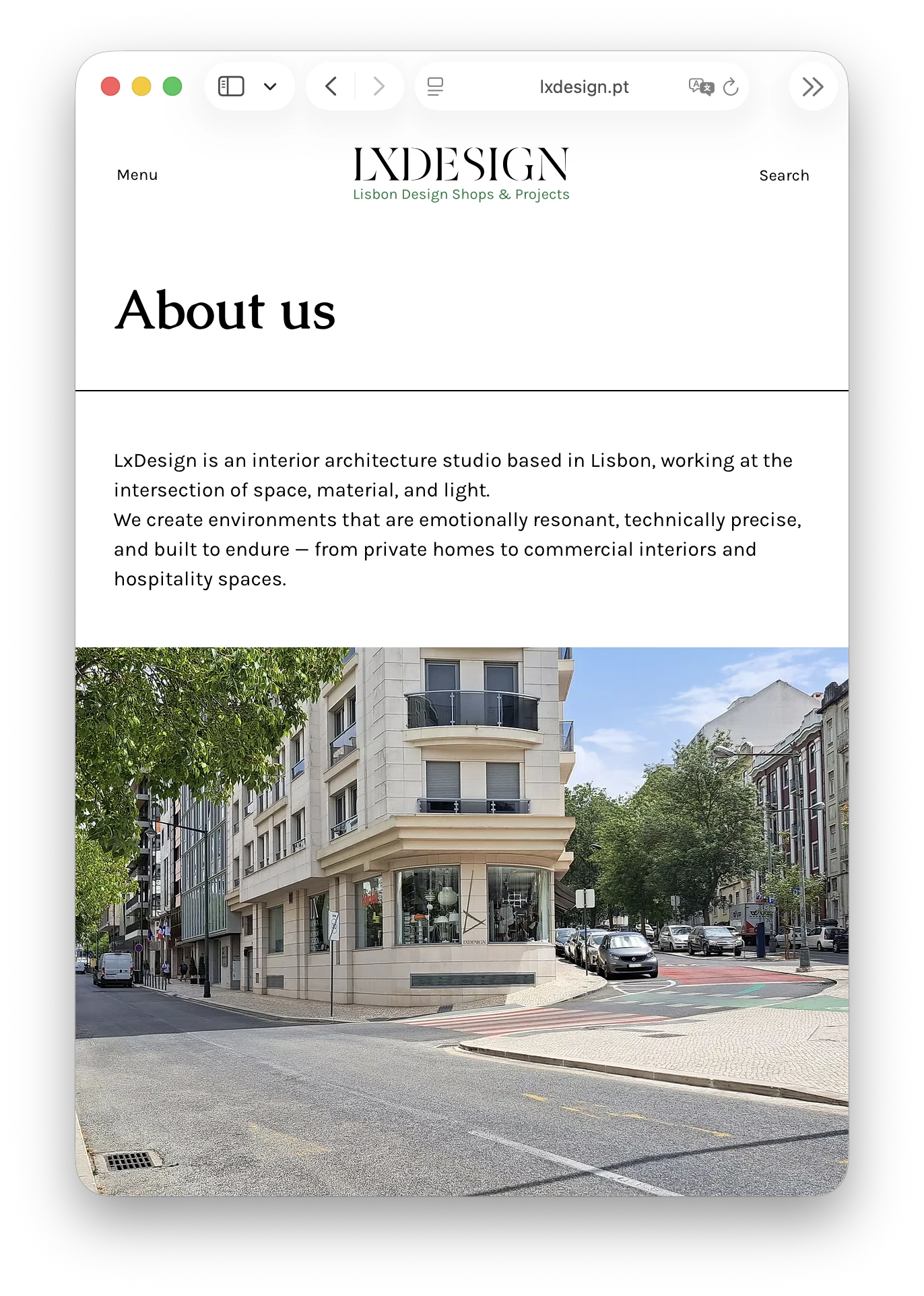 About us page with the studio and showroom on the corner of Rua Pinheiro Chagas, Lisbon