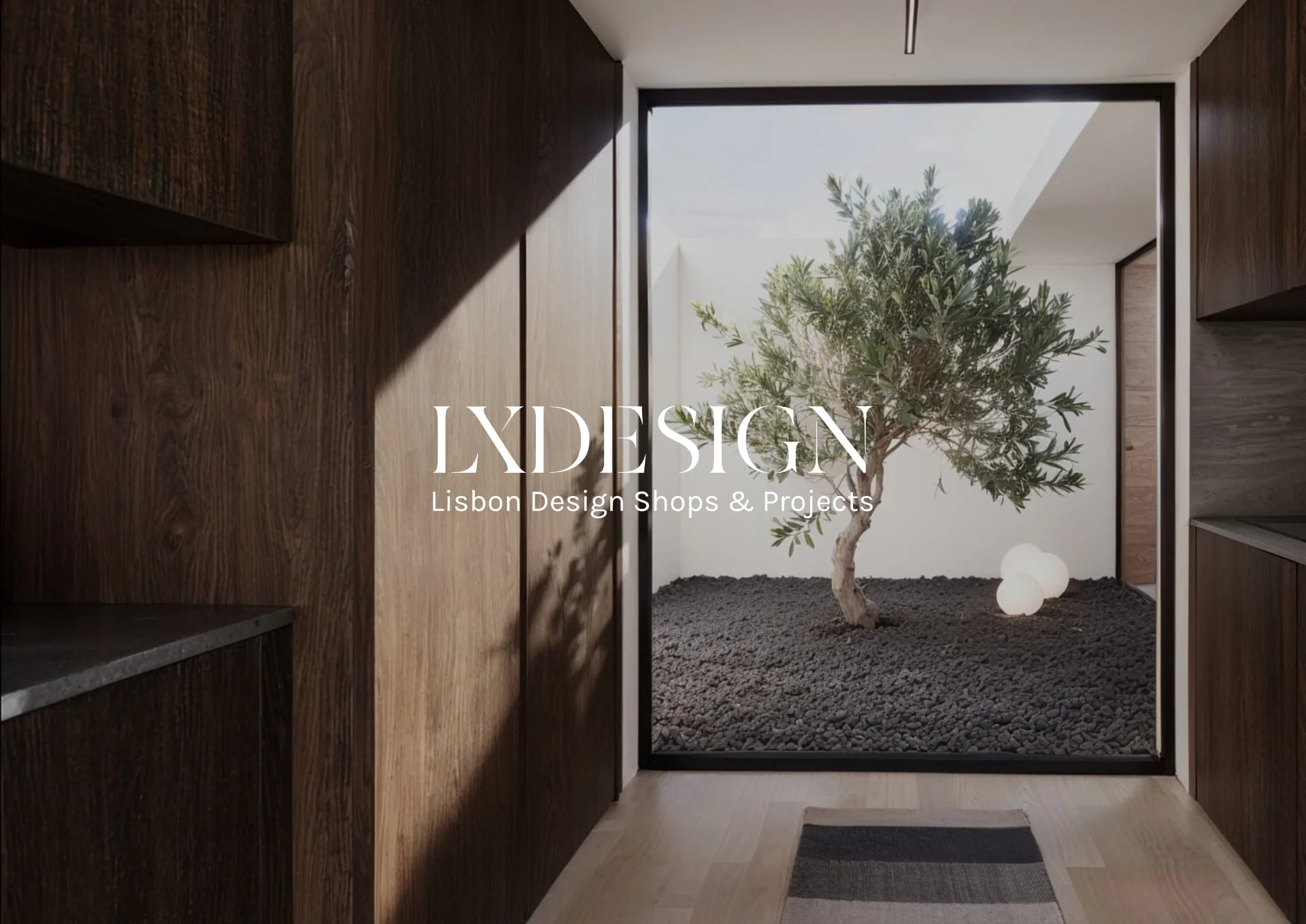 LxDesign lockup over the olive tree courtyard, the site's opening image