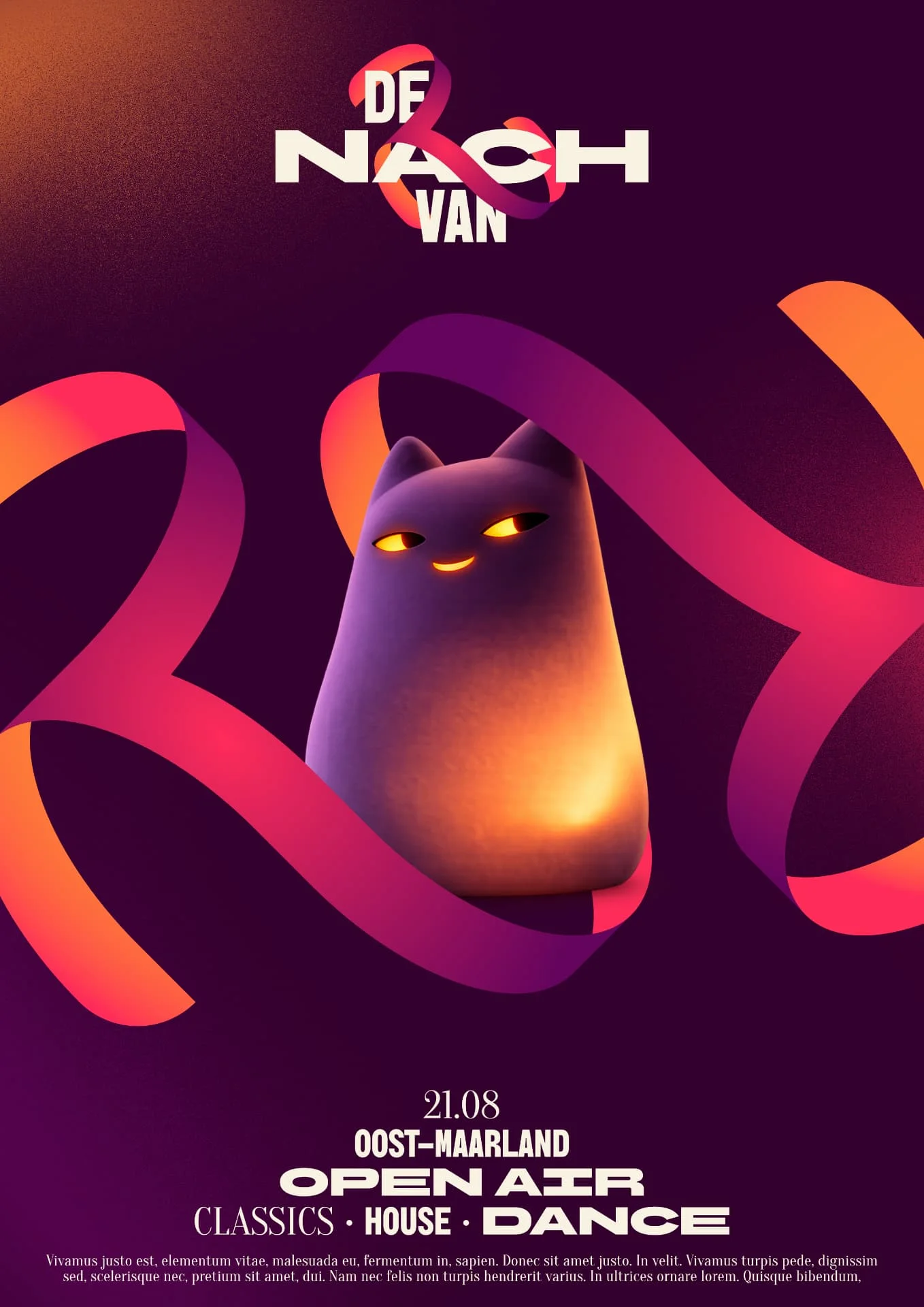 De Nach Van open air poster with the glowing cat mascot and ribbon monogram