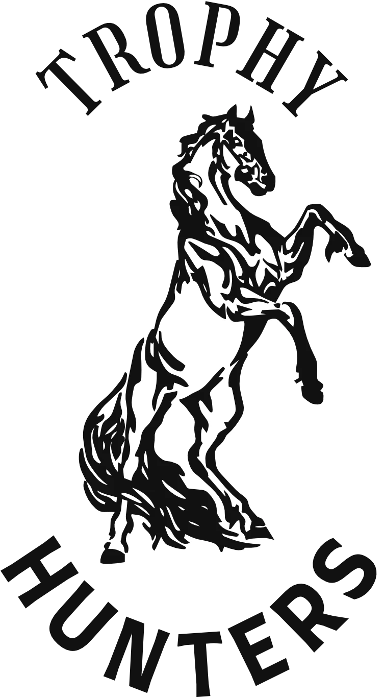 The round emblem: TROPHY curved above the horse, HUNTERS curved below