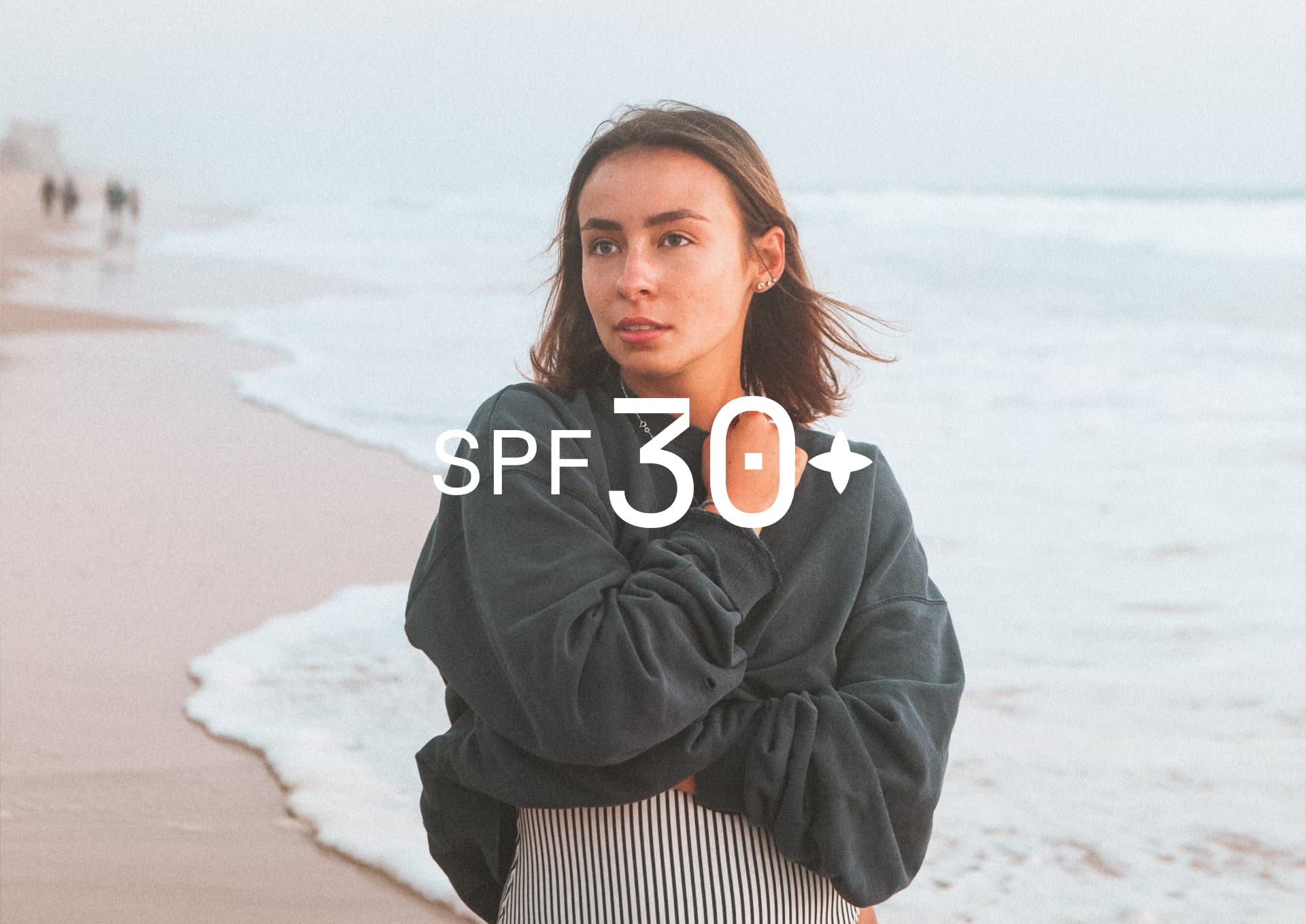 SPF 30+ set white over the beach, the product claim on its own