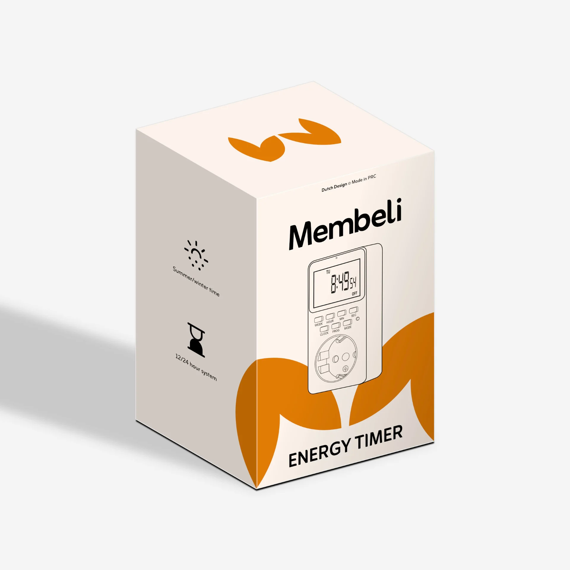 A Membeli energy timer box in cream and orange
