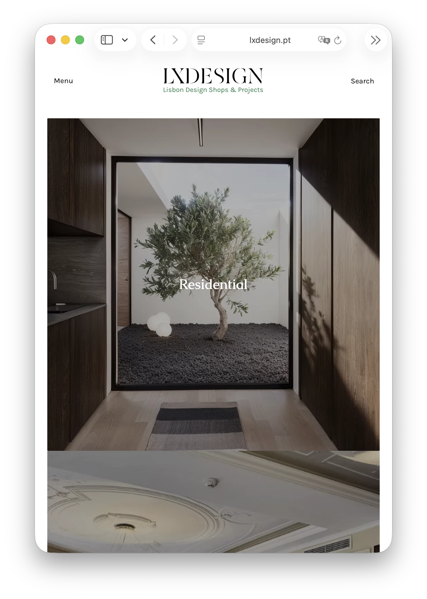 Portfolio entry page: Residential set over the olive tree courtyard, full bleed