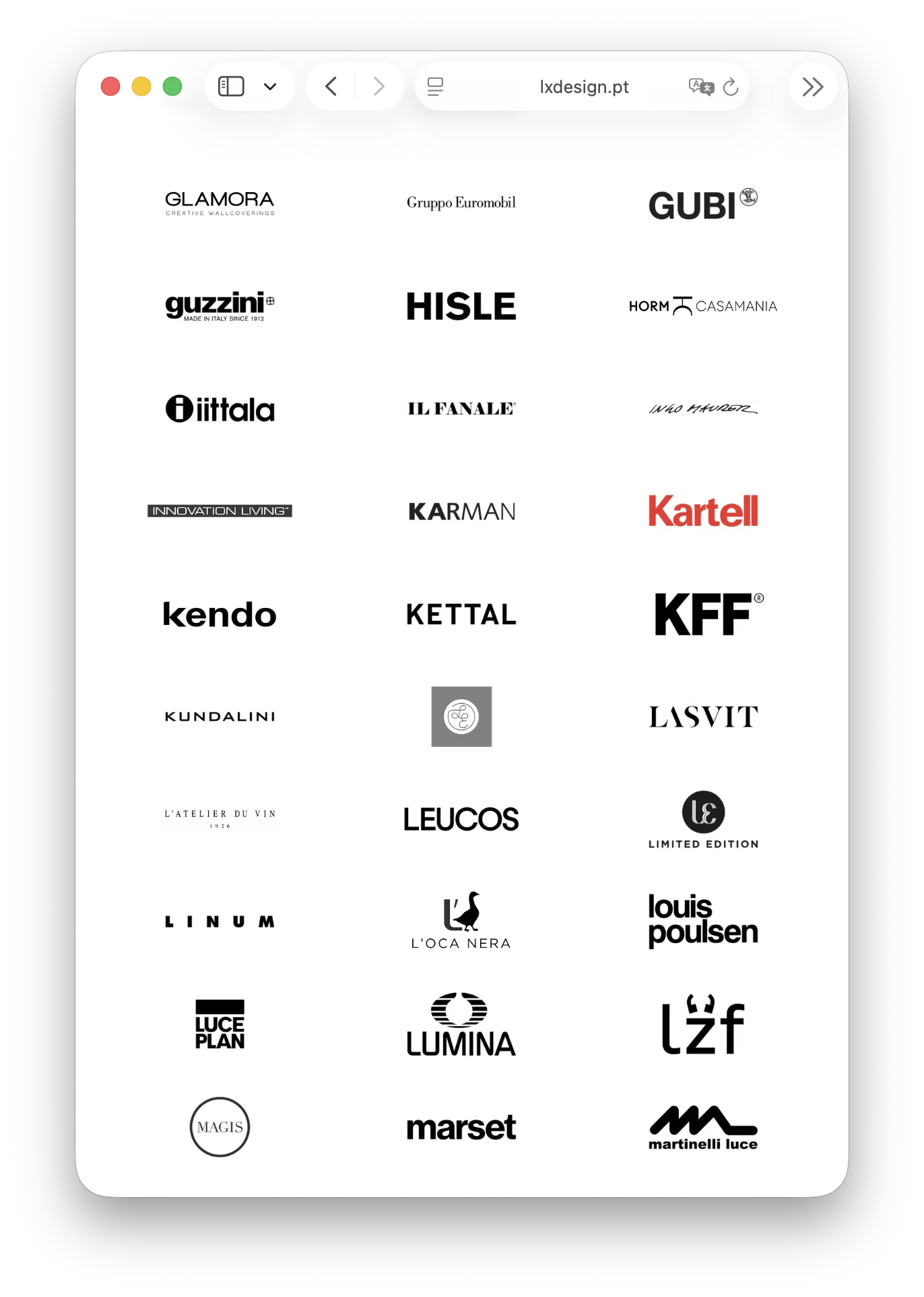 The brand index as built: Gubi, Kartell, Louis Poulsen, Luceplan, Magis, Marset and the rest, three to a row