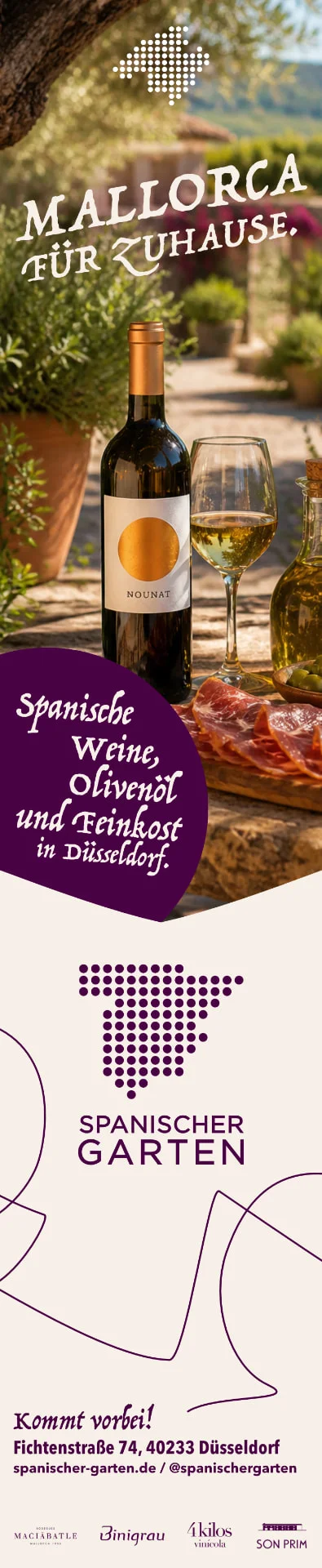 The full height Spanischer Garten advert: Mallorca für zuhause, wine, olive oil and delicatessen in Düsseldorf