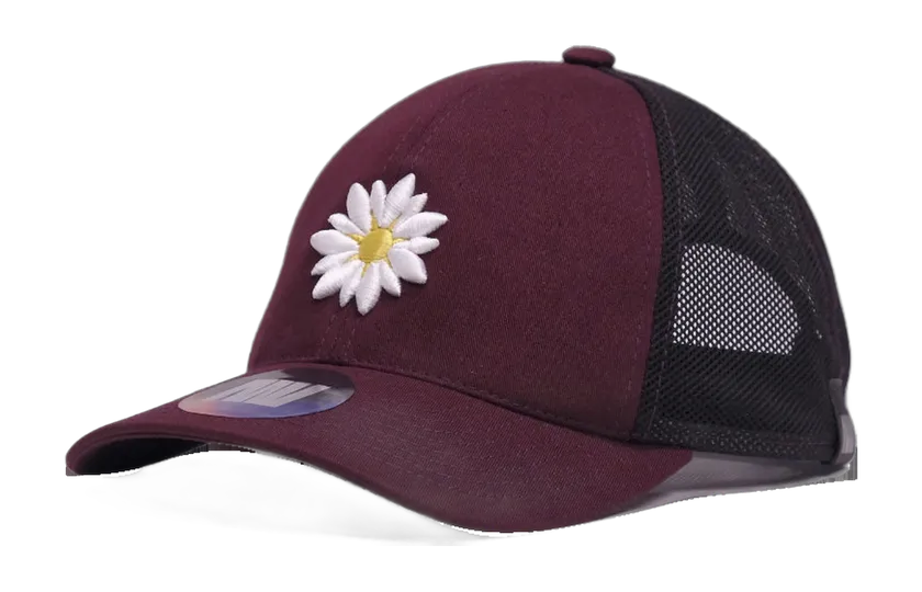 Seasoned maroon and black mesh cap with embroidered white daisy
