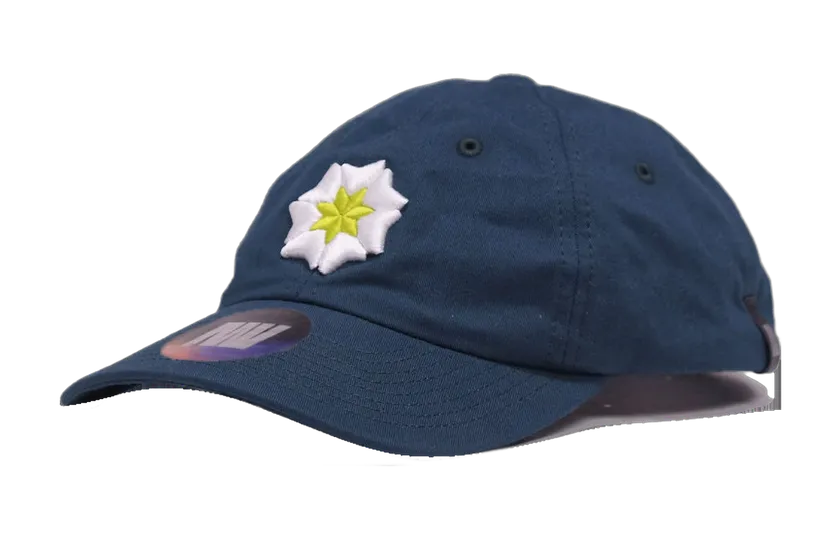 Seasoned navy flat cap with embroidered white lily of the valley