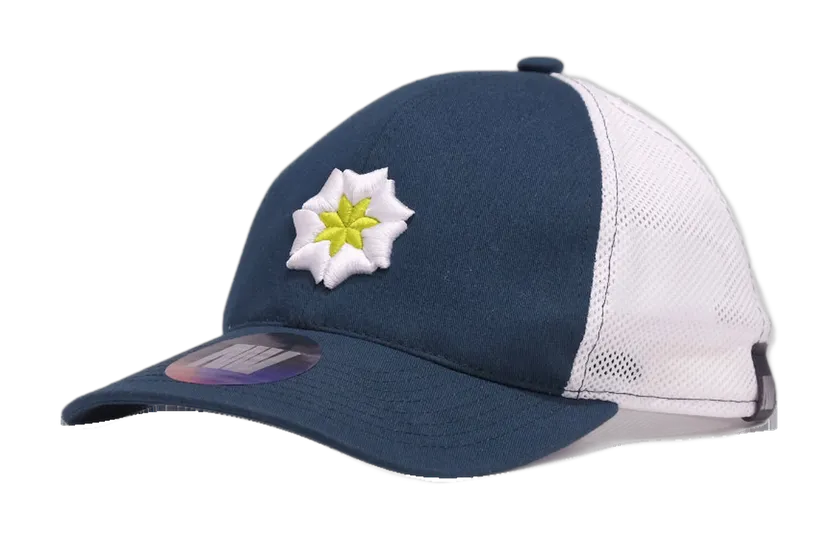 Seasoned navy and white mesh cap with embroidered white lily of the valley