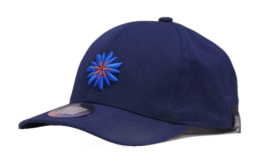 Seasoned navy base cap with embroidered blue cornflower
