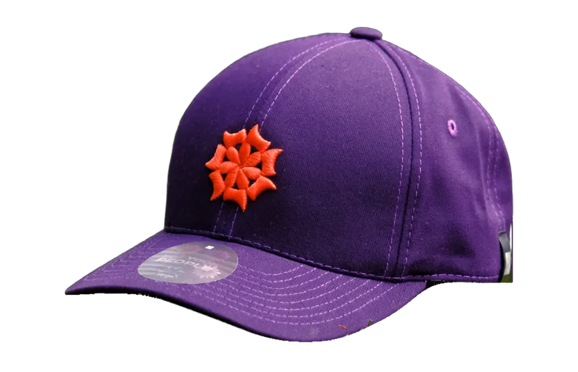 Seasoned purple base cap with embroidered red carnation