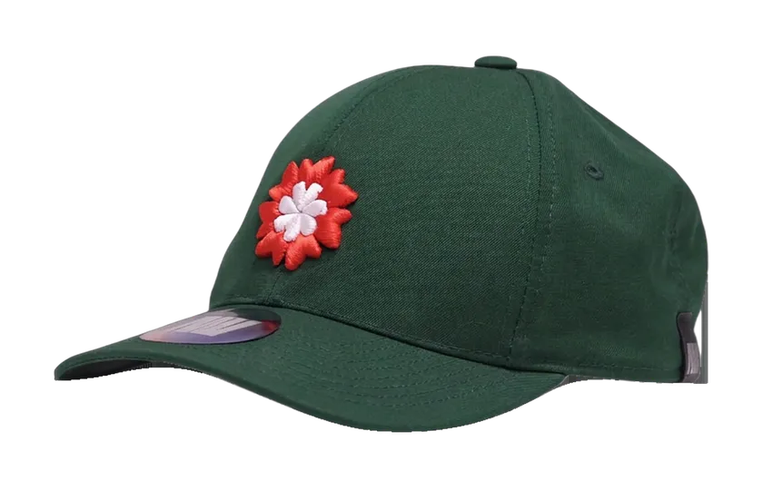 Seasoned green cap with embroidered red Tudor rose