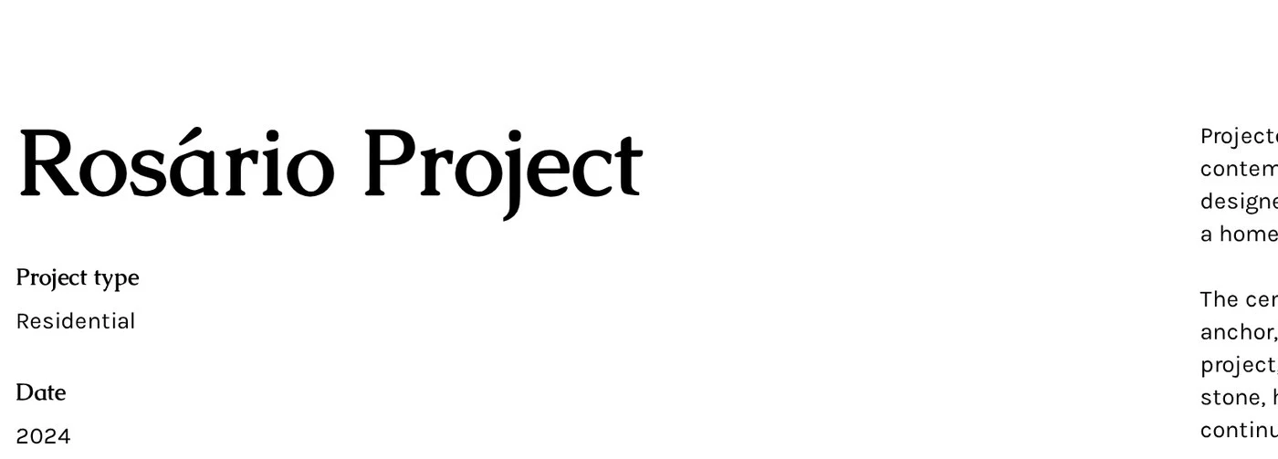 Project page detail: serif headline with project type, date and location column