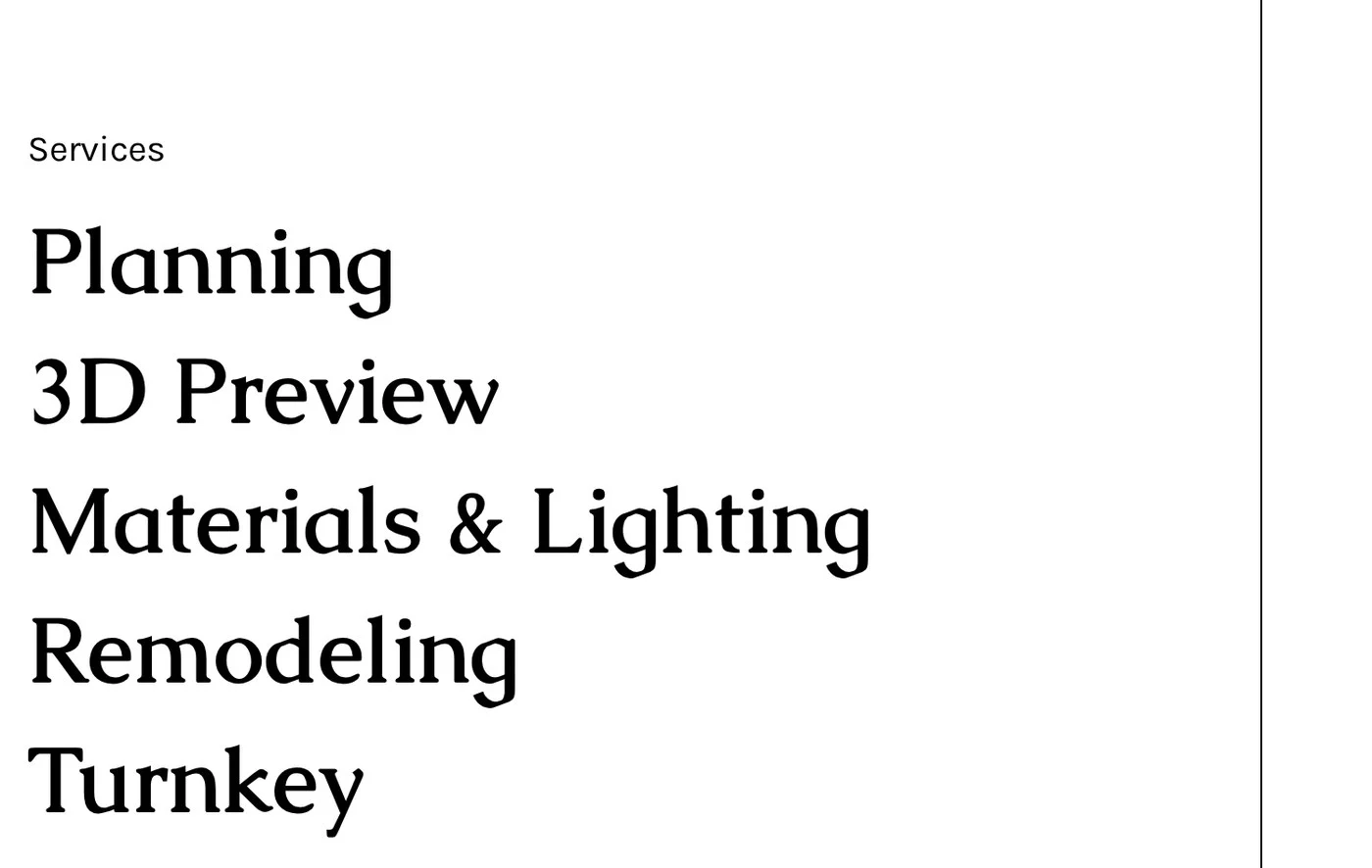 Oversized type setting the service list on the LxDesign architecture page
